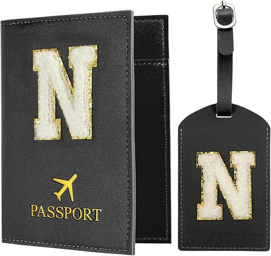 PATIKIL Passport Holder for Travel, Initial Passport Cover and Luggage Tag Set with Alphabet Chenille Letter Patch Travel Wallet Bag Suitcase Identifier for Women Family Travel Black N