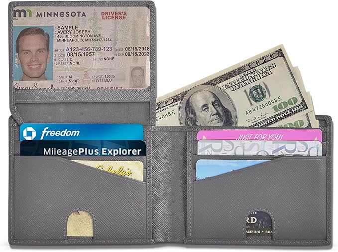 BULLGUARD Mens RFID Blocking Wallet Bifold with Flip Up ID in Saffiano Grey Genuine Leather