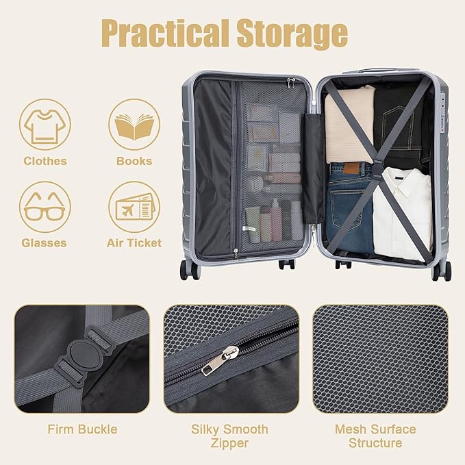 20 Inch Carry On Luggage, Lightweight ABS Hard Shell Suitcase with Spinner Wheels, Durable Travel Luggage with Combination Lock & Side Hooks for Men Women, Silver
