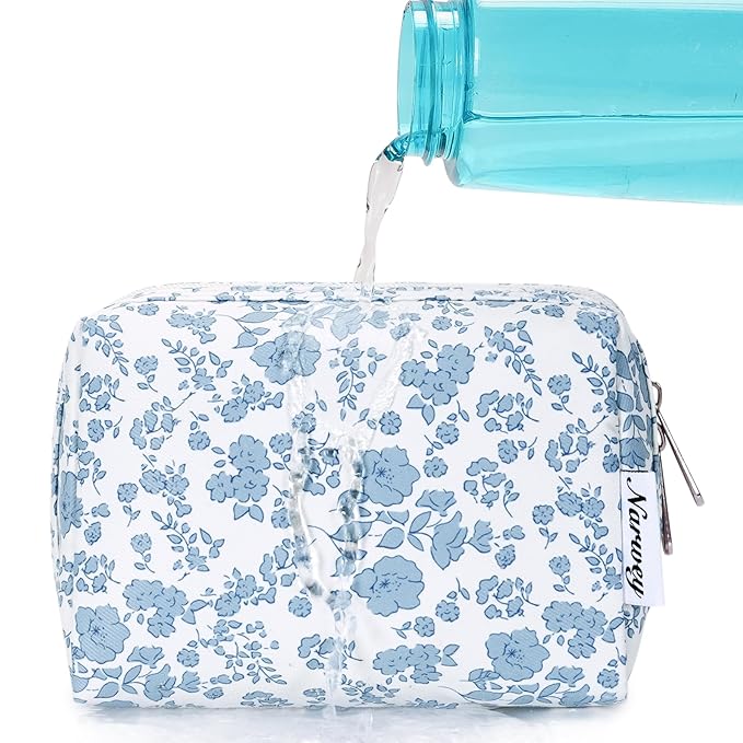 Narwey Small Cute Floral Makeup Bag for Purse Mini Cosmetic Bag Travel Makeup Pouch Zipper Pouch Cute Make up Bags with Compartments for Women Girls (Blue Flower, Small)