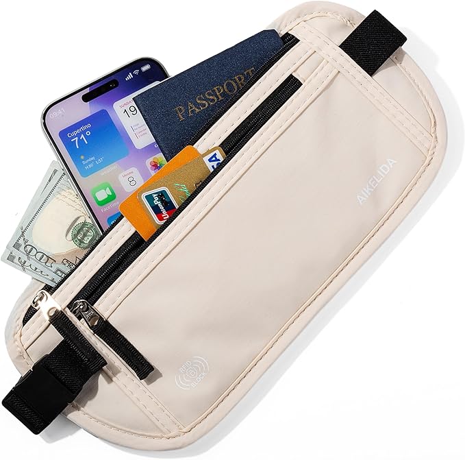 Money Belt - Slim Passport Holder RFID Blocking Travel Wallet Undercover Fanny Packs for Men Women - Beige
