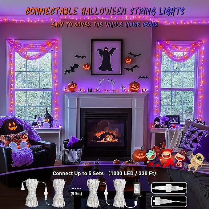 JMEXSUSS 200 LED Halloween Lights Outdoor,Purple Orange Halloween Lights | 66FT Halloween String Lights Indoor Plug in for Fireplace Mantel Party Patio Yard Door Halloween Tree, Connectable