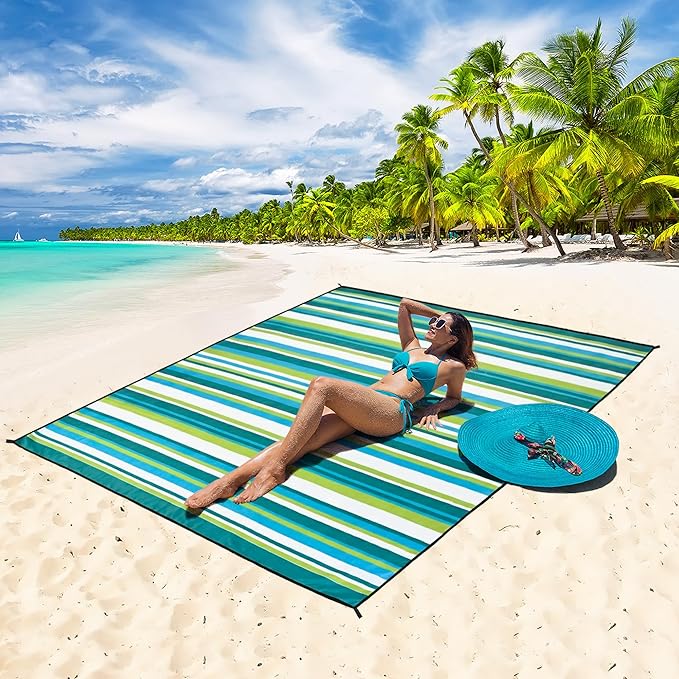 AISPARKY Pocket Beach Blanket Waterproof Sandproof Compact Picnic Mat with Sand Remover, Portable Outdoor Mat for Camping Hiking Travel Festival
