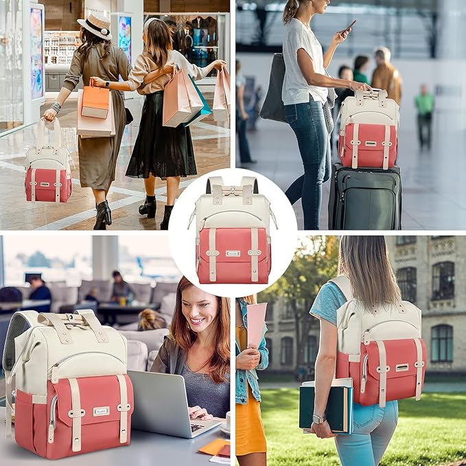 FALANKO Laptop Backpack for Women,Teacher Doctor Nurse Work Purse Bag for 15.6 Inch Laptop, Wide Open backpack With RFID Pocket, Large Water Resistant Travel Backpack White-Pink