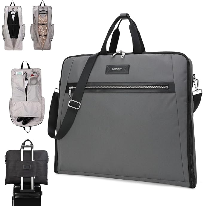 BE SMART Waterproof Foldable Garment Bags for Travel, 51" Large Travel Hanging Bags for Clothes, Carry on Suit Bag with Strap for Men Women, Wrinkle Free Luggage Suit Cover for Business Trips(Grey)