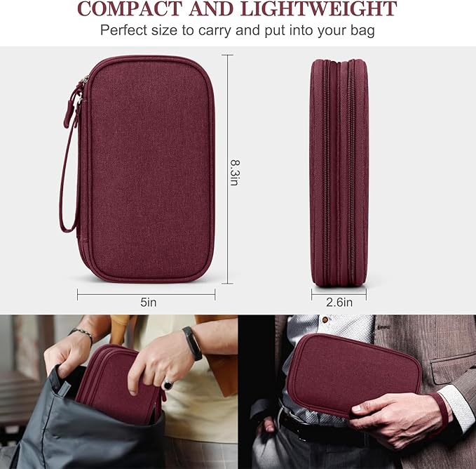 FYY Electronic Organizer, Travel Cable Organizer Bag Pouch Electronic Accessories Carry Case Portable Waterproof Double Layers Storage Bag for Cable, Charger, Phone, Earphone, Medium Size, Wine Red