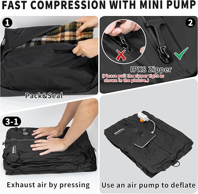 Reusable Vacuum Bags for Travel With Pump,Professional Waterproof IPX8 Zipper Vacuum Compression Bag for Suitcases Backpack,Space Saver Bags Packing Organizers forClothingPacking(2 Pack,Neutral Gray)