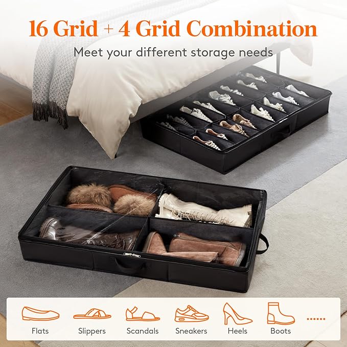 Lifewit Under Bed Shoe Storage Organizer 4 Pack(2x16 Pairs+2x4 Pairs), 4.3" Tall Fabric Shoes Container Box, Foldable Closet Shoe Bag with 2 Reinforced Handles and Clear Cover, Black