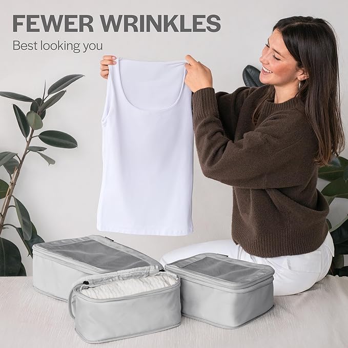 Aerotrunk Compression Packing Cubes for Travel - Luggage Organizer Bags - Double Zipper Packing Cubes for Suitcases (12-Pack, Light Grey)