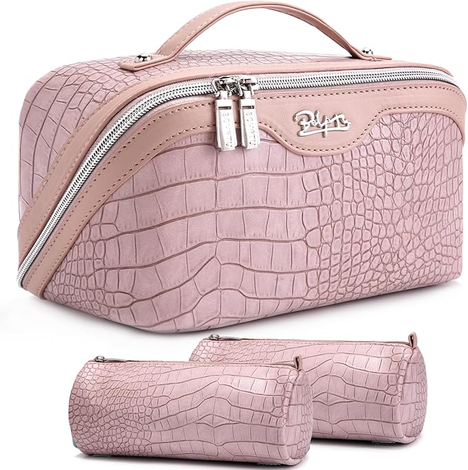 BOYATU Travel Makeup Bag Cosmetic Bags for Women: 3 Pcs Set Large Capacity Make up Bag with Handle - Crocodile Pattern Vegan Leather Toiletry Bags Travel Essentials with Compartments((E-4-Pink)