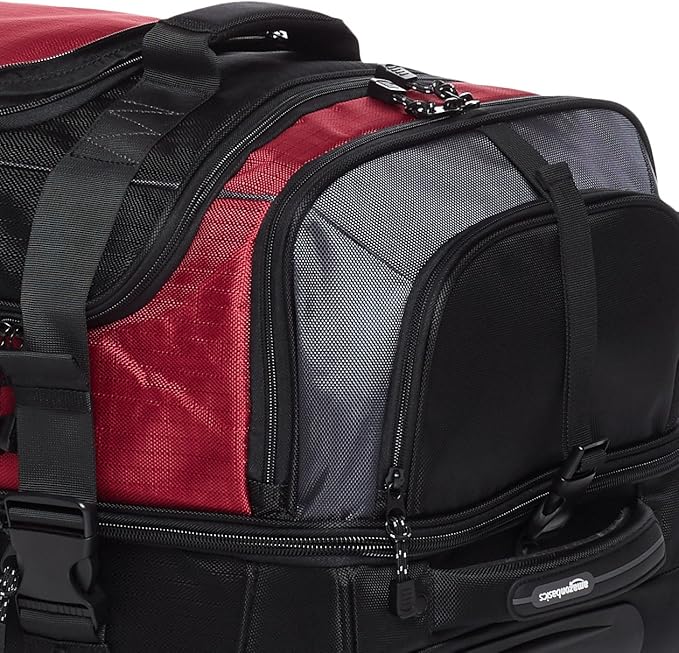 Amazon Basics Ripstop Wheeled Duffel Bag with Multi-Pocket Design, Portable, 30", Red