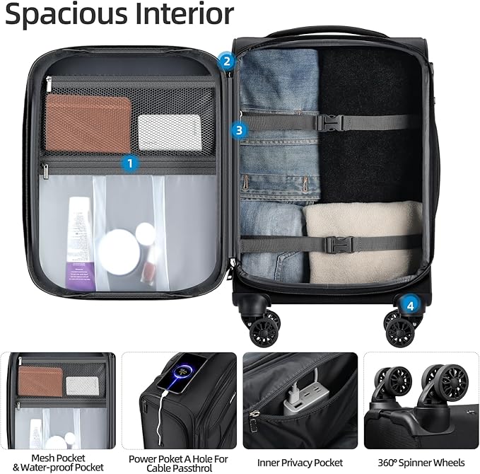 Carry on Luggage with Spinner Wheels 20-Inch,Lightweight Expandable Luggage Set Carry-on Suitcase with Wheels &carry on Tote Bag,Women Men-Black