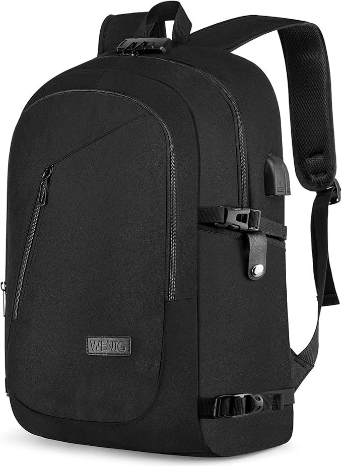 WENIG 17.3 Inch Laptop Backpack,Large Travel Laptop Bag with USB Charging Port, Anti Theft Water Resistant Business Backpack for Men and Women, Durable Big Capacity Heavy Duty Computer Bag,Black