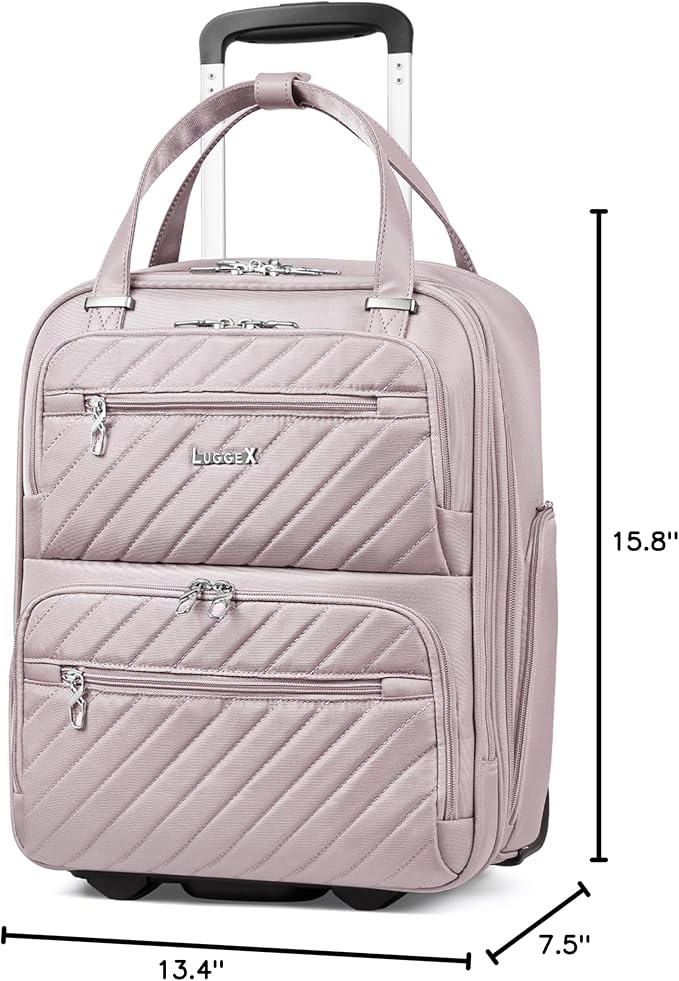LUGGEX Underseat Carry On Luggage with Wheels, UDK Stylish Lightweight Under Seat Luggage, Soft Sided Personal Item Suitcase for Short Trip (UX-Core, Grey Pink, 16 Inch)