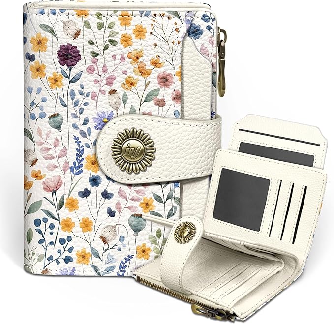 Icycay Floral Flowers Small Wallet Women RFID Blocking Bifold, Credit Card Holder, Zipper Coin Pocket, PU Leather, Compact, Travel, 4 ID Window, 14 Card Slots, Cash Purse, Ladies Woman Female Girls