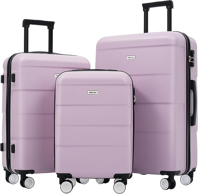 Merax Luggage Set, 3 Piece Hardcase Luggage with Double Spinner Wheels, Carry on Suitcase Airline Approved,20+24+28 inch,Pink Purple