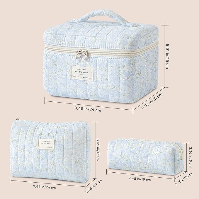 HBselect Quilted Makeup Bag, 3PCS Cotton Large Travel Makeup Bag, Cute Floral Coquette Make up Bag Cosmetic Bag Toiletry Bag for Women Girls