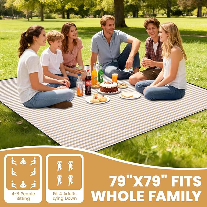 G GOOD GAIN Waterproof Picnic Blanket, 79"x79" Extra Large Beach Mat for 6 to 8 Adults, Machine Washable Outdoor Blanket for Camping, Grass, Park, Camping, Concerts, MiddleSand