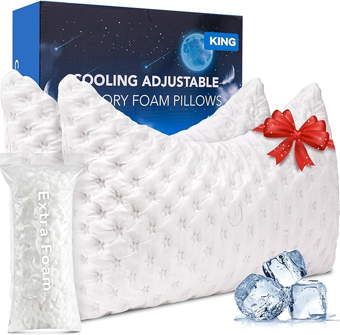 Cooling Side Sleeper Pillow for Neck and Shoulder Pain, Luxury Shredded Memory Foam Curved Bed Pillows for Sleeping Set of 2- Adjustable King Size- Washable Cover Crescent White