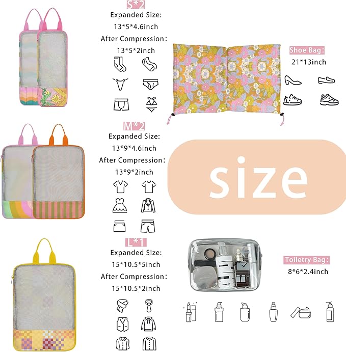 7 Pcs Compression Packing Cubes for Travel Luggage, Lightweight Suitcase Organizer Bags Set, Compression Packaging Cube for Travel Essentials, Packing Cubes for Carry on Suitcase