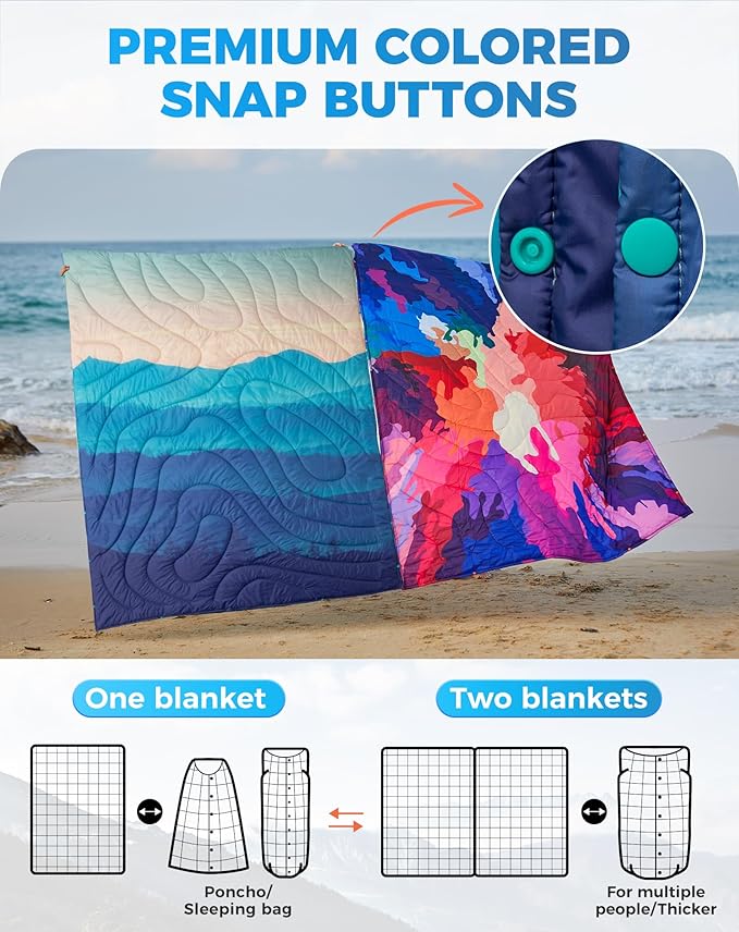 ingCamp Ultralight Camping Blanket, Packable Down Alternative Puffy Printed Wearable Blanket with Snap Buttons & Corner Loops Weatherproof Quilt for Outdoor Travel Stadium (78.7" x 57.1", Cyan/Orange)
