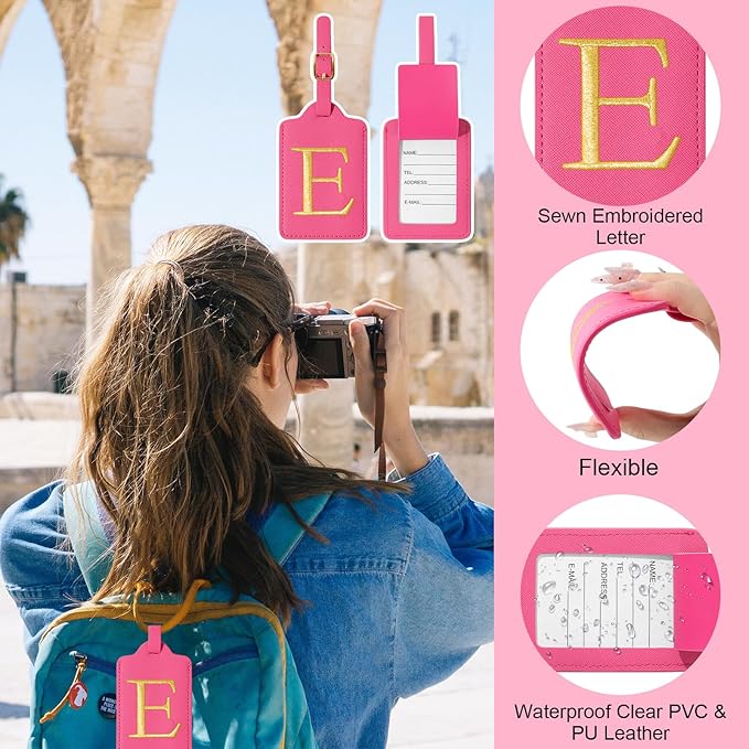 Initial Luggage Tags for Suitcases, Cute Embroidered Letter Luggage Bag Suitcase Identifier Name Baggage Tag, PU Leather Travel Luggage Tags, Bag Tags for Men Women Kids Luggage Handbags(Rosered E)