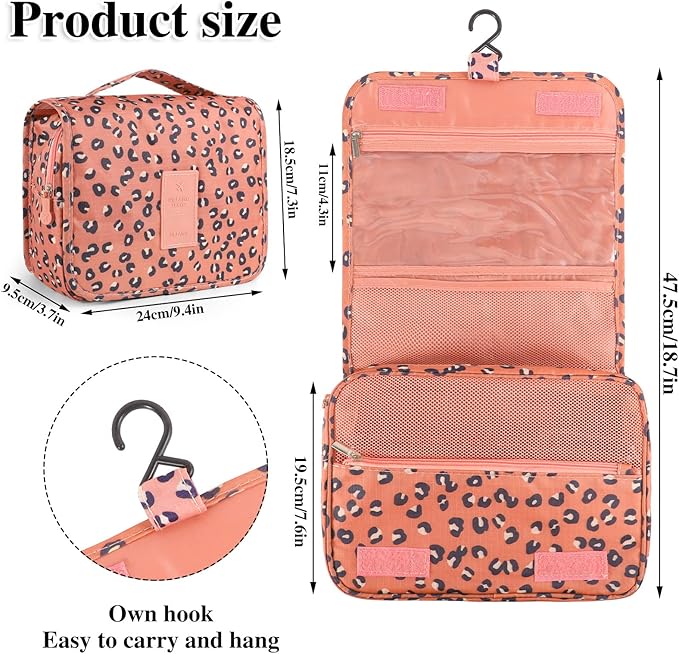 Pengxiaomei Hanging Toiletry Bag, Leopard Orange Waterproof Cosmetic Bag Portable Makeup Pouch Travel Wash Bag with Handle for Women Teen Girls Birthday Mothers Day Gifts