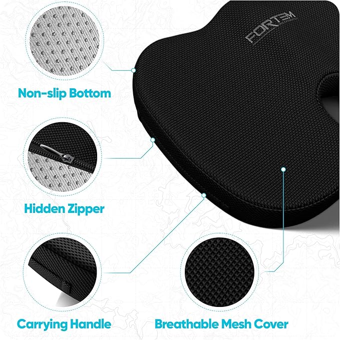 FORTEM Seat Cushion, Office Chair Cushion, Desk Chair Memory Foam, Sciatica Coccyx Tailbone Pain Relief, Pressure Relief, Sitting Pad, for Long Gaming & Sitting, Washable Cover, Non Slip
