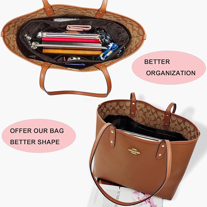 Time Wing Handbag Tote Purse Organizer Insert Bag Liner Shaper Divider Zipper 11 Pockets Compartments X Large Coffee