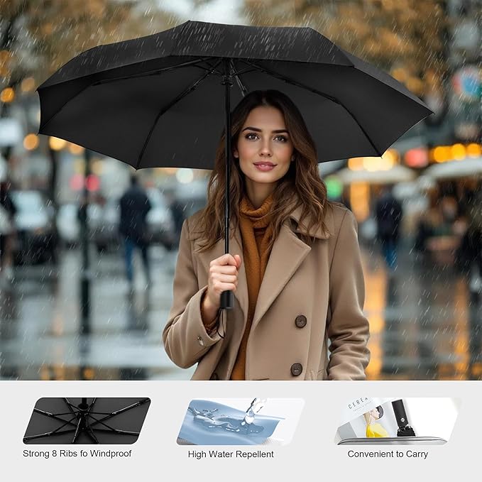 SoulRain Travel Umbrella - Compact Umbrella for Rain - Perfect Large Auto Folding Umbrella - Ideal Car umbrella, Small umbrella, and Travel Companion