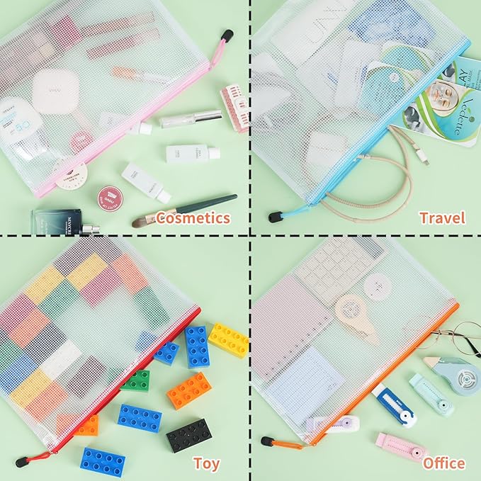 EOOUT 32pcs A4 Zipper Pouch Bags, Mesh Pouch Bags with Labels for Board Games & Puzzles Supplies, Waterproof Document Zipper Cases for School Toys Office Cosmetics Travel Storage,8 Colors
