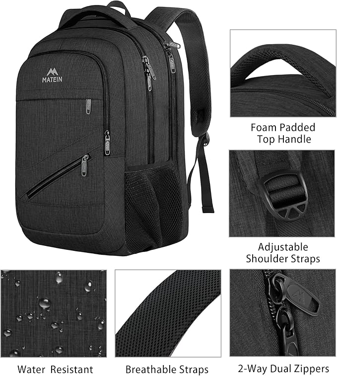 MATEIN 15.6 Inch Backpack for Men Women, 20 L Personal Item Casual Backpack Airline Approved, Water Resistant Laptop Computer Backpack with Multiple Organized Pockets, Black