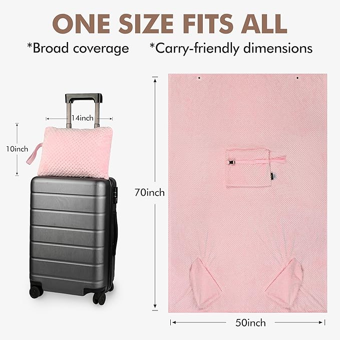 Tirrinia Travel Blanket and Pillow Set, Soft Compact Airplane Blanket with Foot Pockets, 4-in-1 Travel Essentials for Women Men, Portable Travel Gifts for Her, Travel Blanket for Airplanes, Cars