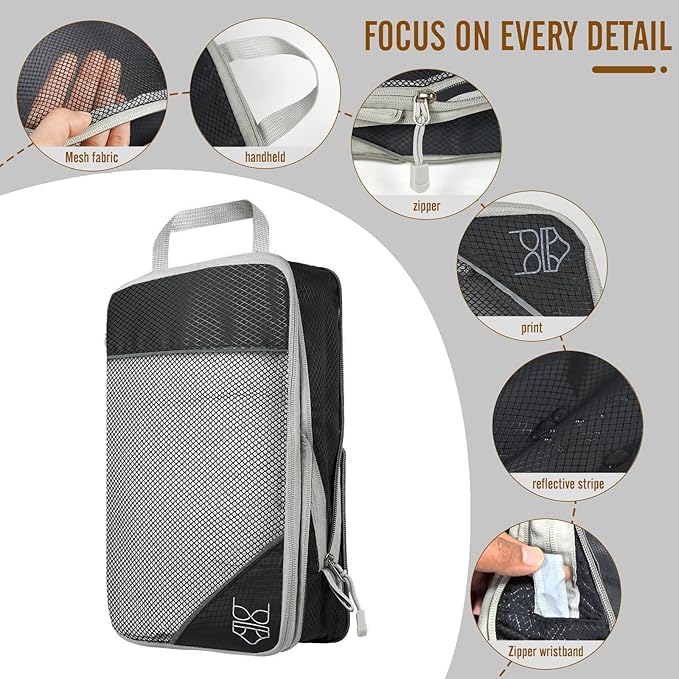 9-Set Packing Cubes with Hanging Bag | 9-Size Combination, Mesh Fabric & Reflective Stripe | Travel Luggage Organizers (Black)