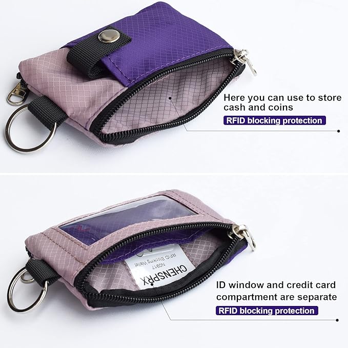 CHENSPRX Minimalist RFID Blocking Small Wallet with ID Window,WaterResistant Zip Id Case Wallet with Lanyard Keychain for Cards,Cash,Travel,Women,Men