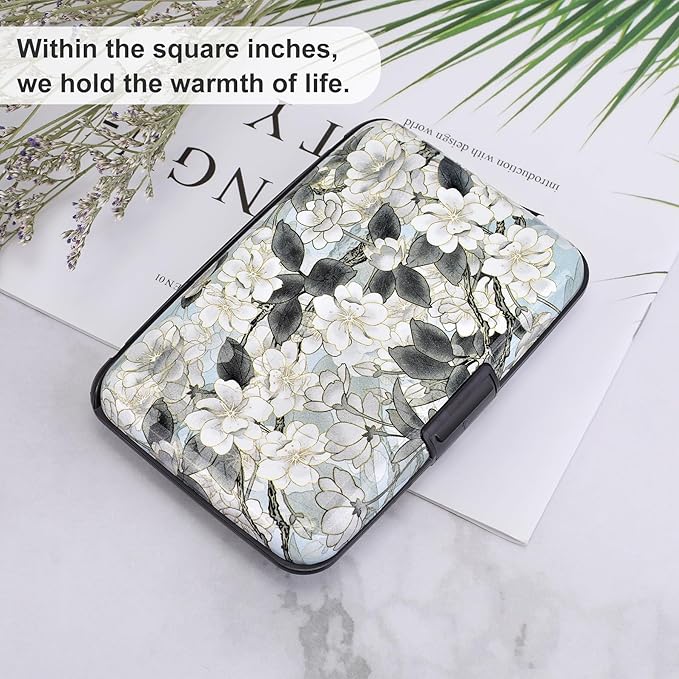ELFISH Mini RFID Aluminum Wallet Credit Cards Holder Business Card Case Metal ID Case for Men Women (White Lotus)