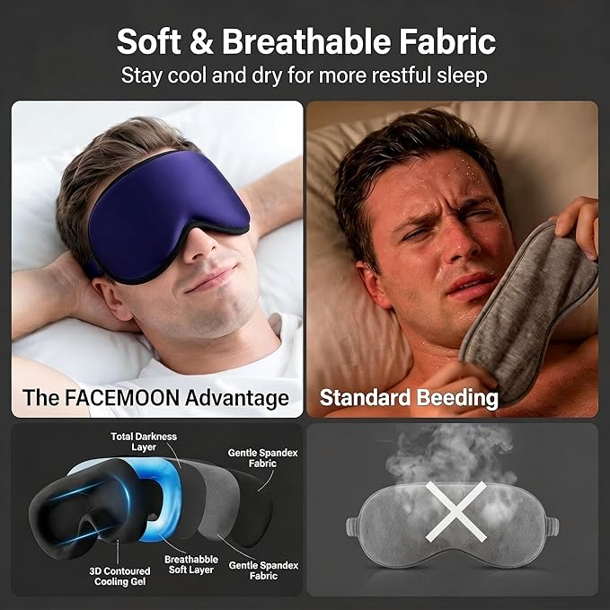 3D Cooling Gel 6oz Weighted Eye Mask for Sleeping & Screen Fatigue Relief, Ice Cold Compress Sleep Mask for Migraines, Headaches & Eye Strain, 100% Blocking Contour Eye Mask for Better Rest, Blue