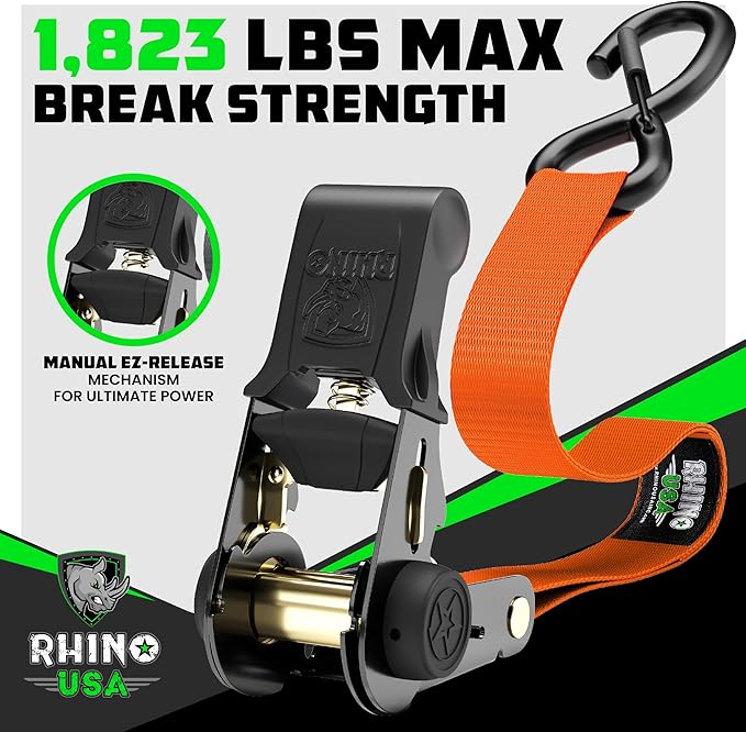 Rhino USA Ratchet Straps Tie Downs (4-Pack) - 1 Inch x 15 Feet (1,823lb Break Strength) - Ultimate Tie Down Straps with Safety S Hooks - for Trucks, Cargo, Moving, Appliances - Orange