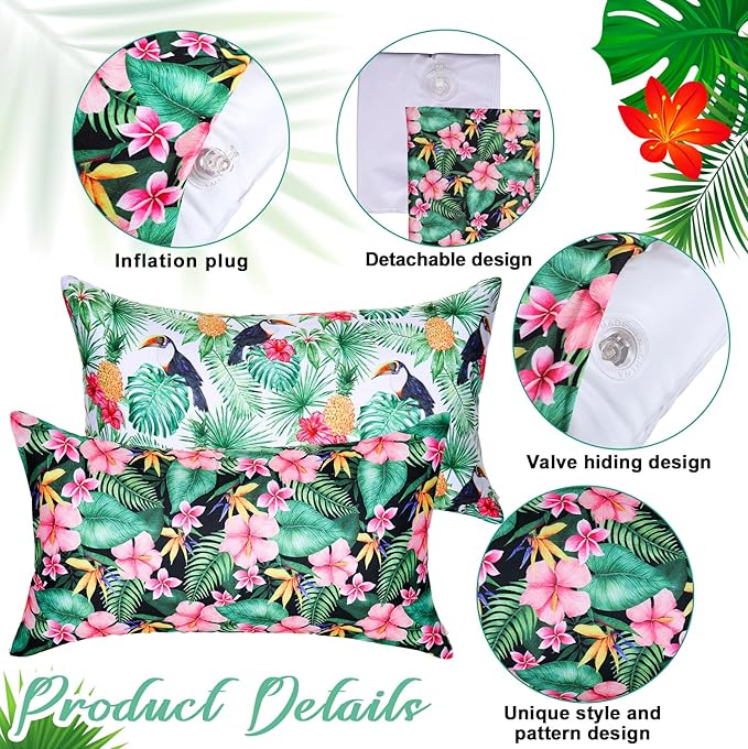 4 Pack Inflatable Beach Pillows with Removable Washable Covers Hawaii Tropical Style Portable Air Pillows for Vacation Sand Tanning Pool and Travel(Tropical Leaves)