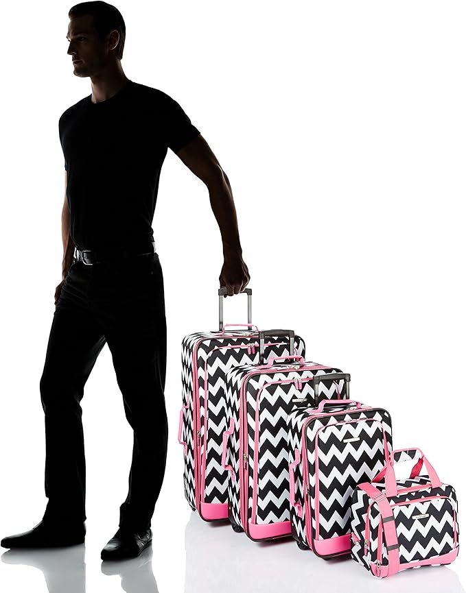 Rockland Escape 4-Piece Softside Upright Luggage Set,Telescoping Handles, Pink Chevron, (14/19/24/28)