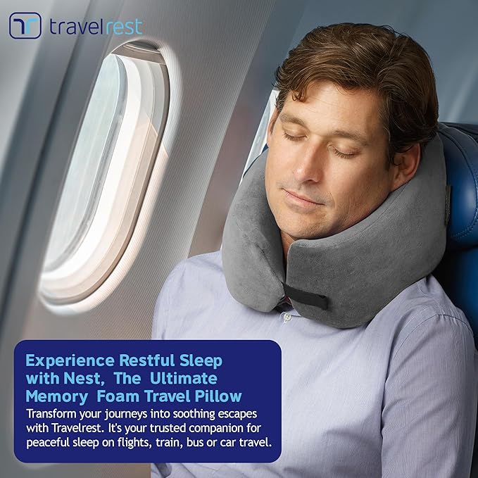 TRAVELREST Nest Neck Support Pillow - Travel Essentials, Memory Foam, Compact Travel Pillow for Long Flights, Plane Sleeping Accessories, Comfortable, Compact, Washable, Attaches to Luggage - Gray