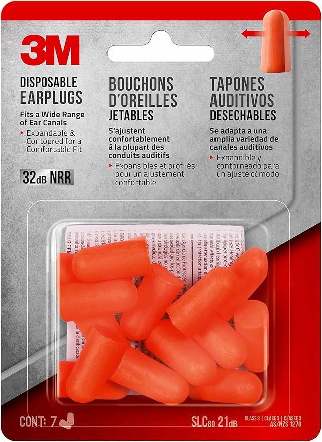 3M Disposable Earplugs, 7 Pairs (14 Total Plugs), Noise Reduction Rating (NRR) 32 dB, Easy to Insert & Remove, Expandable & Contoured for Comfortable Fit, Orange Ear Plugs (92077H7-DC) (Pack of 2)