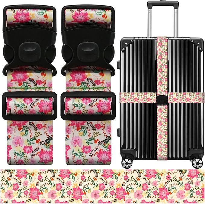 Luggage Straps for Suitcases, Travel Adjustable Belt with Quick Release Buckle, Heavy Duty Nylon Bag Packing Strap, Unique Bright Identifiers Business Travel Accessories (2 Pack) - Pink Flowers