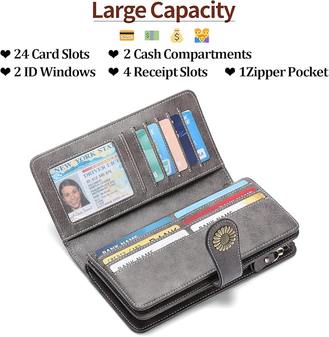 SENDEFN Wallets for Women Leather Credit Card Holder with RFID Blocking Large Capacity Wristlet | with RFID Blocking, Large Capacity, Wristlet, with RFID Blocking, Large Capacity, Wristlet