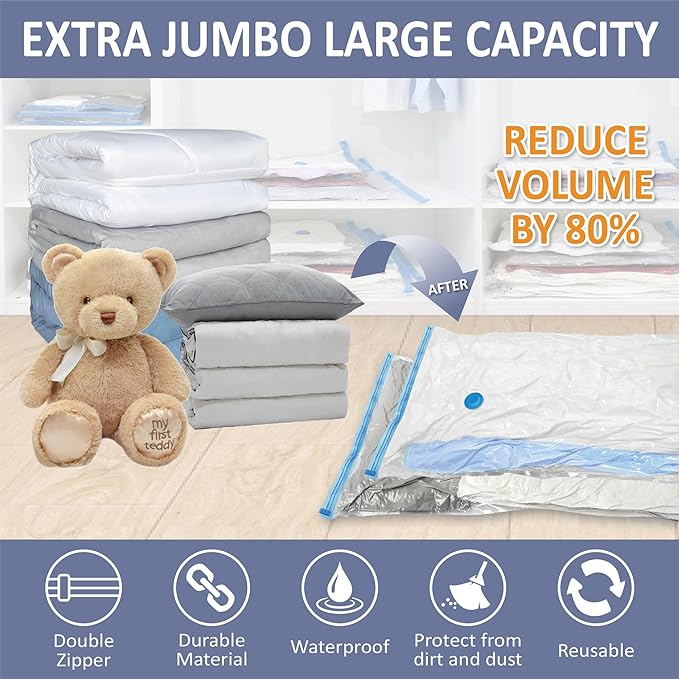 Cozy Essential Vacuum Storage Bags, 80% Compression Vacuum Seal Space Saver Plastic Packaging Bags for Clothes, Blankets, Pillow, Bedding, Comforters, Sealer Clothing Storage,4 XXL Jumbo