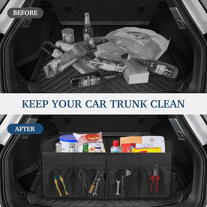 Femuar Car Trunk Organizer with Large Capacity Waterproof Car Accessories for Women & Men, Collapsible Trunk Organizer for Suv/Jeep/Sedan (Black, Standard)