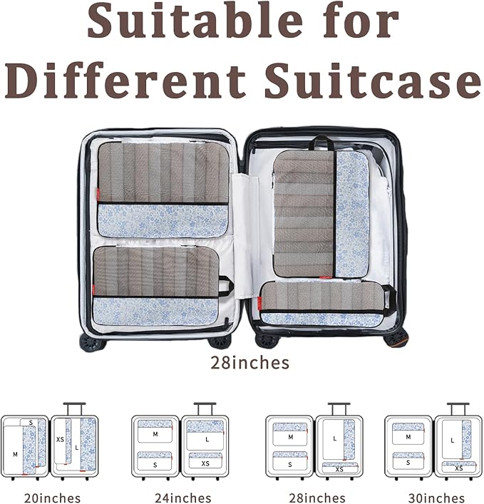 U+U 4 Set Compression Packing Cubes - Ultralight Travel Organizers, Space-Saving Suitcase Organizer, Expandable Packing Cubes for Travel, Business Trip and Family Vacation (Blue Flower)