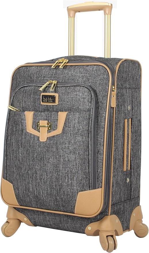 Nicole Miller New York Luggage Collection - Designer Lightweight Softside Expandable Suitcase- 20 Inch Carry On Bag with 4-Rolling Spinner Wheels (Paige Silver)
