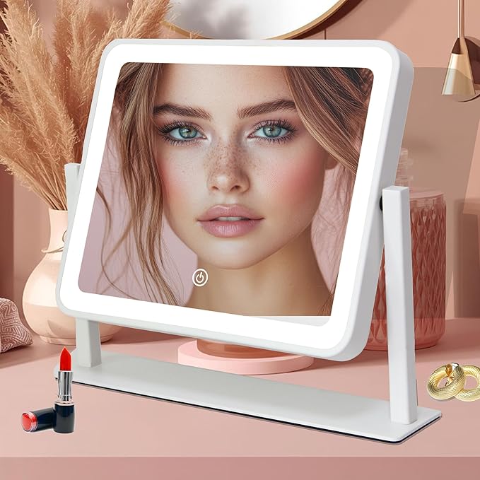 12"x14" LED Vanity Mirror with Lights, 3-Color Dimmable Touch Control, Large Lighted Makeup Mirror, USB-Rechargeable Cordless Design, Sturdy Metal Frame, Oversized Tabletop Mirror, Gift-Ready