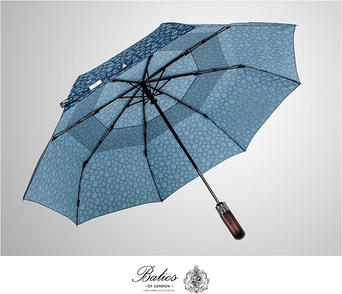 Balios Travel Folding Umbrella with Real Wood Handle Auto Open Close Vented Windproof Canopy - Designed in UK